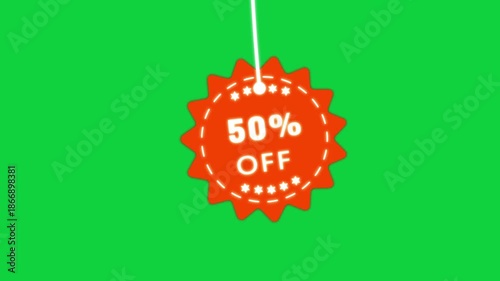A bright orange starburst shaped tag with white text reading 50% OF hangs from a white string against a vibrant green background, symbolizing a discount offer