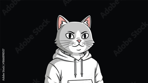 Cartoon Cat Character in Hoodie with Focused Expression.