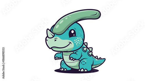 Adorable Cartoon Parasaurolophus Dinosaur with a Gentle Smile and Playful Pose.