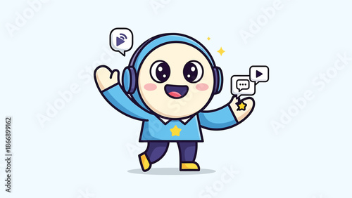 Cute Cartoon Character with Headphones Enjoying Social Media.