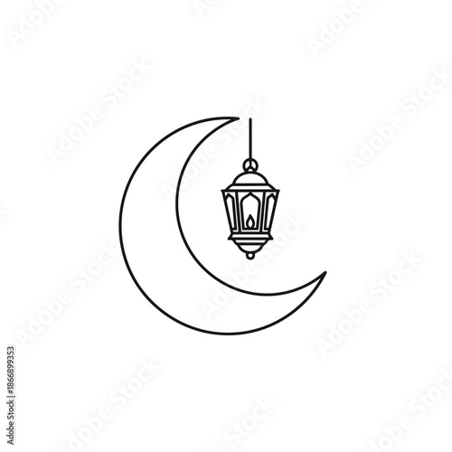 Elegant crescent moon with hanging lantern in simple black line art