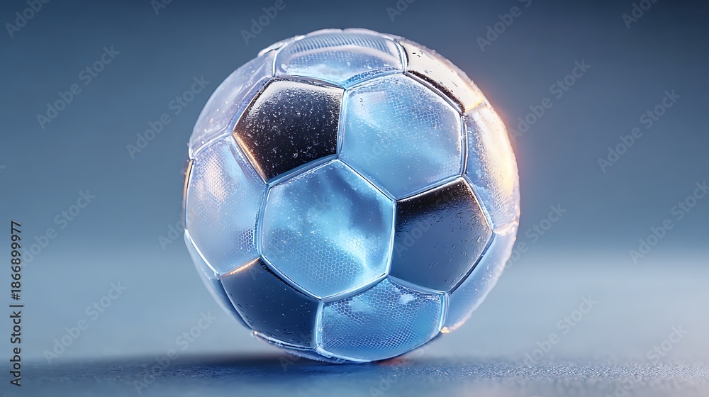 Naklejka premium A translucent soccer ball with a glowing effect isolated on a blue backdrop