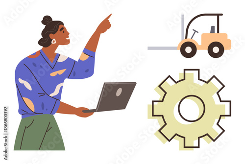 Logistics, workflow organization, industrial tools, business strategy, warehouse operations, transportation planning. Woman pointing with a laptop near a forklift and gear icon. Logistics