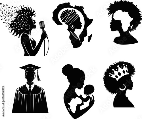 African American Heritage Silhouettes: Black Women's Empowerment, Music, Graduation, Mother and Baby, Queen, and Africa Map Vector Graphics Bundle