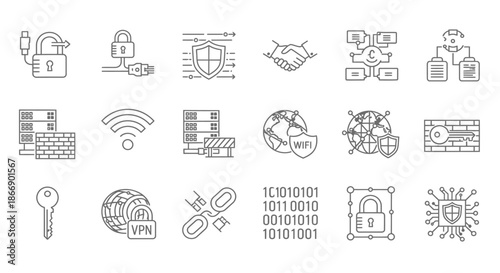 Various cybersecurity icons representing protection and networking