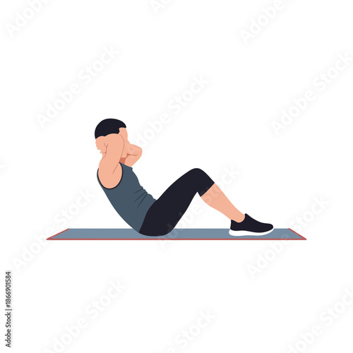 Illustration of a person performing a crunch exercise on a fitness mat, promoting a healthy lifestyle and fitness routine