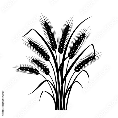Minimalist black silhouette of wheat ears and stalks arranged in a bundle against a stark white background for agricultural themes.