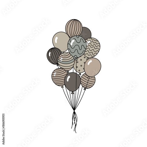 Beautiful bunch of festive balloons in muted earth tones and subtle patterns like stripes and polka dots floating on a white background.