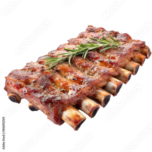 Juicy barbecue pork ribs with rosemary and spices isolated on transparent background