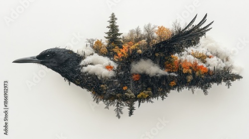 Raven, floating, miniature landscape