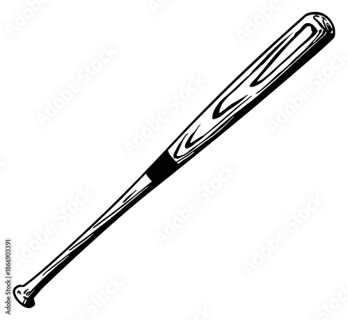 Hand drawn line art illustration of a baseball bat depicting a piece of athletic equipment for sports graphic design