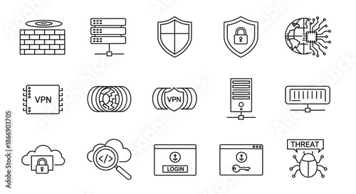 Cybersecurity icons representing various protections and threats