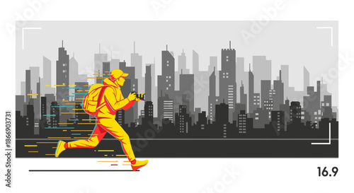 A vibrant yellow-clad individual with a backpack sprints through a modern cityscape, representing fast digital data delivery and efficient urban movement.