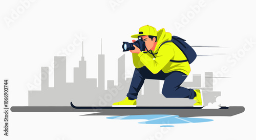 A dynamic vector illustration captures a fast-moving photographer with a camera and backpack, actively documenting urban life against a city skyline.