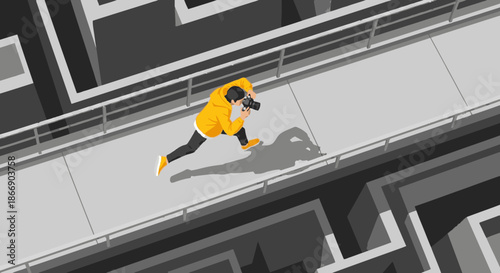 A photographer in a vibrant yellow jacket navigates a complex grayscale maze from an elevated perspective, symbolizing a challenging journey of discovery.