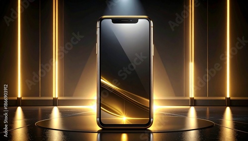 Premium smartphone with glass and titanium body, spotlight lighting, black and gold futuristic background, high-end product advertisement style