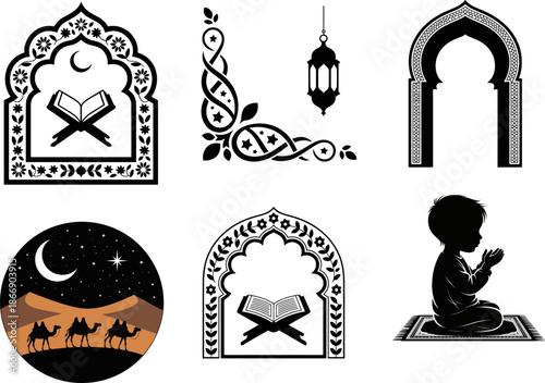 Essential Islamic Vector Symbols Collection: Black Silhouettes of Arabic Arches, Quran, Praying Child, Desert Camel Caravan, Lantern, and Decorative Elements for Ramadan and Eid Celebrations.