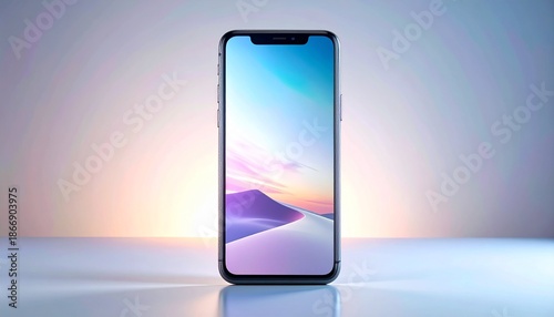 Next-gen smartphone standing upright, soft gradient background, subtle reflections, clean futuristic design, Apple-style product photography