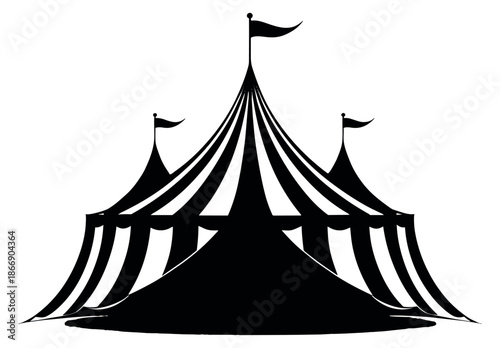 Classic graphic illustration of circus tent depicting striped top and flags for amusement and shows