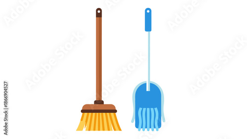 Cleaning tools: broom and mop for floor cleaning