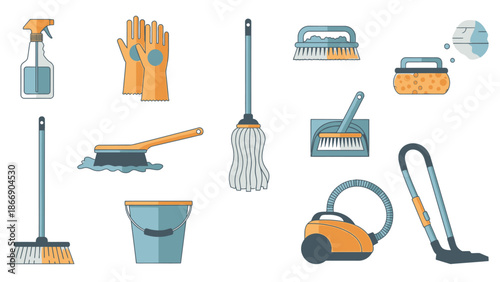 Cleaning tools set. Household equipment vector illustration.