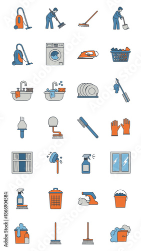 Cleaning icons set. Housekeeping equipment collection.