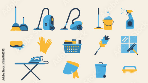 Cleaning tools vector set. Housekeeping equipment icons