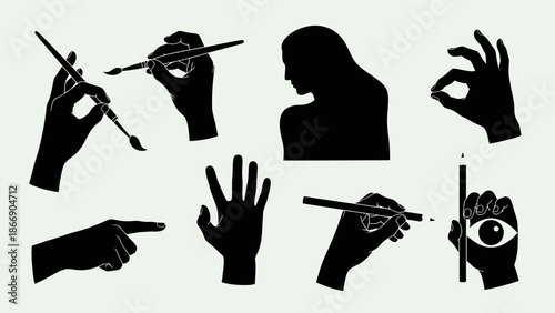 Artistic Hands Silhouettes: Drawing, Painting, Gestures