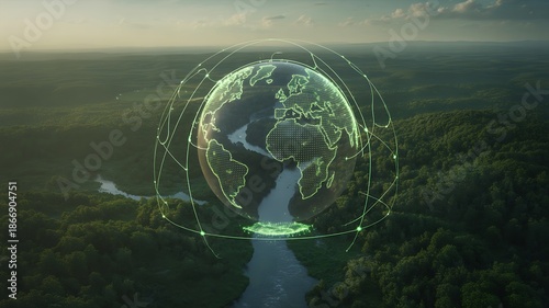 An aerial view reveals a glowing wireframe globe with world map over a green river valley