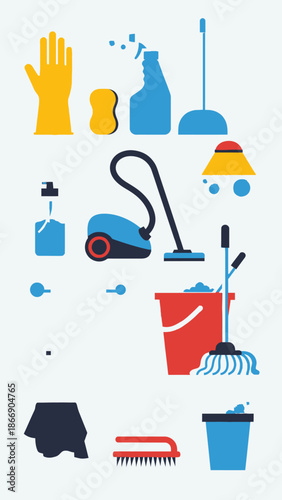 Cleaning tools and supplies vector illustration set