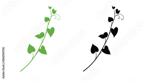 Green and black plant branch illustrations with heart shaped leaves on white