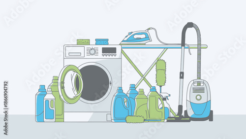 Laundry appliances and cleaning products illustration