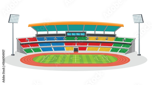 Colorful stadium with a running track and spectator seats illustration style