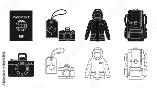 Travel essentials passport camera jacket and backpack icons in black and white