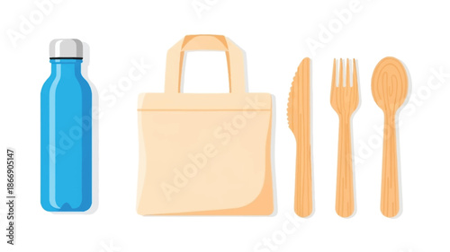 Packed lunch essentials water bottle tote bag and wooden cutlery set