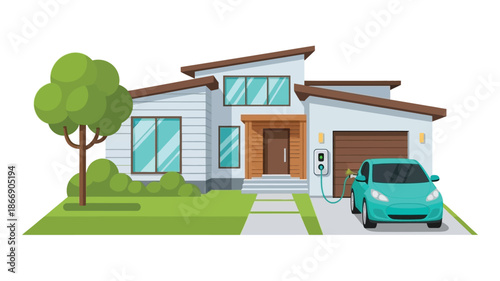 Modern home with electric vehicle charging in the driveway green landscape