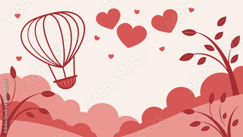 Romantic hot air balloon flying over hills with hearts