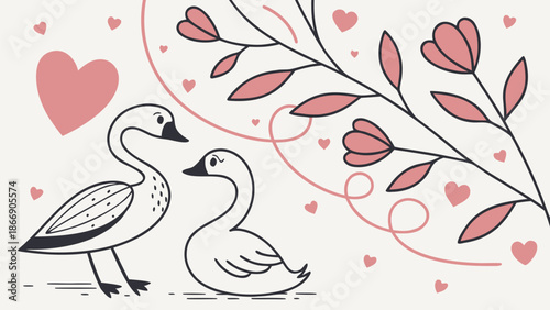 Loving swans surrounded by hearts and flowers on white background