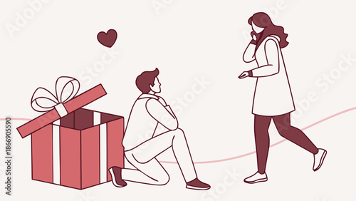 Man proposing to woman with romantic gift box and heart