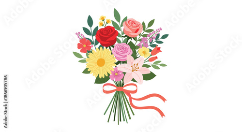 Colorful bouquet of fresh flowers, including roses, a daisy, and a lily, tied with an orange ribbon, suitable for celebrations.