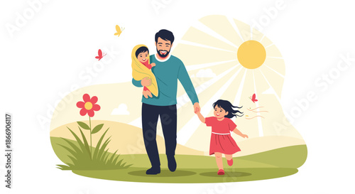 A loving father spends quality time outdoors with his two happy daughters, including a newborn baby and an older girl, on a bright sunny day.