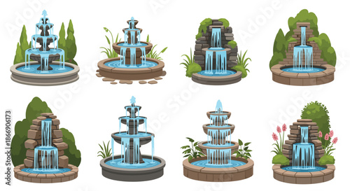 A collection of various outdoor garden fountains and water features, including tiered and stone waterfall designs, surrounded by lush greenery.