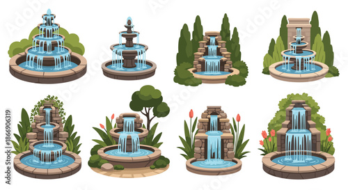 A collection of beautiful garden fountains in various styles, featuring cascading water, stone tiers, and lush green landscaping elements.