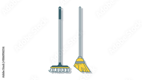 Cleaning tools: mop and broom illustration