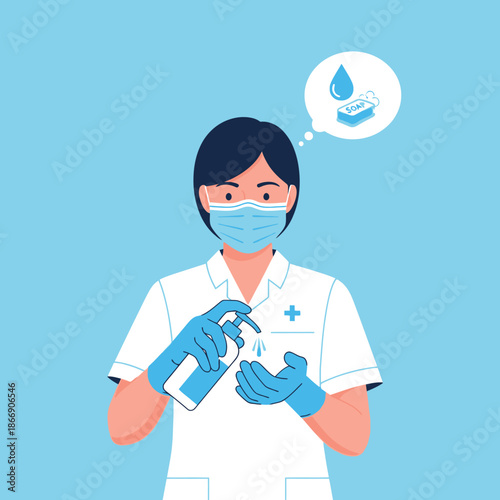 Doctor sanitizing hands with sanitizer gel