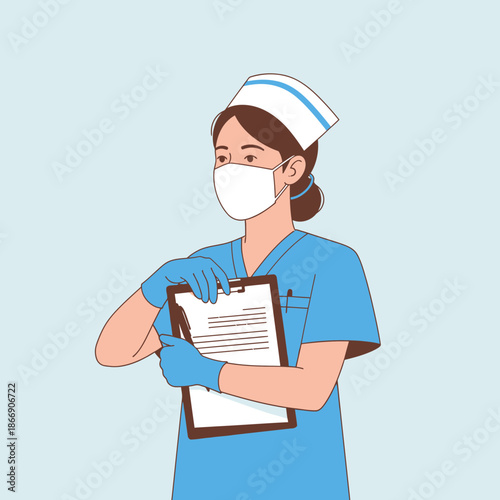 Nurse with clipboard wearing mask and gloves