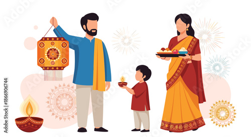 An Indian family celebrates Diwali, featuring a father holding a lantern, a child holding a diya, and a mother carrying a tray of sweets, surrounded by festive decorations.
