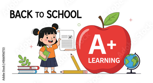 Happy schoolgirl celebrates academic success with an A+ report card, surrounded by educational symbols for back to school and learning.
