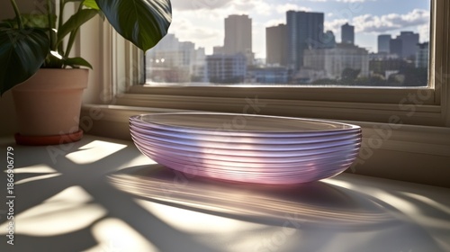 Light-purple bowl on windowsill, city view