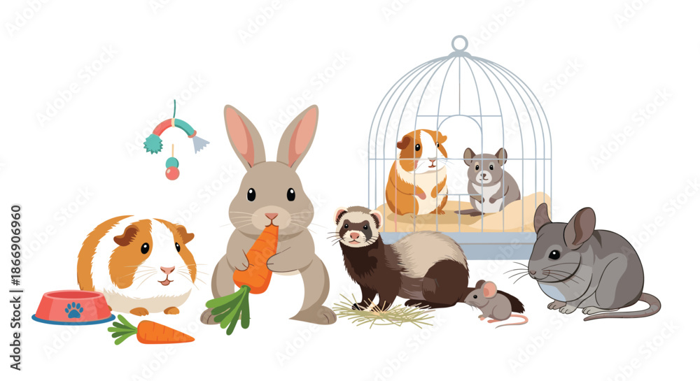 Naklejka premium A charming illustration showcasing a variety of common pet animals, including a rabbit, guinea pigs, a ferret, mouse, hamster, and chinchilla.